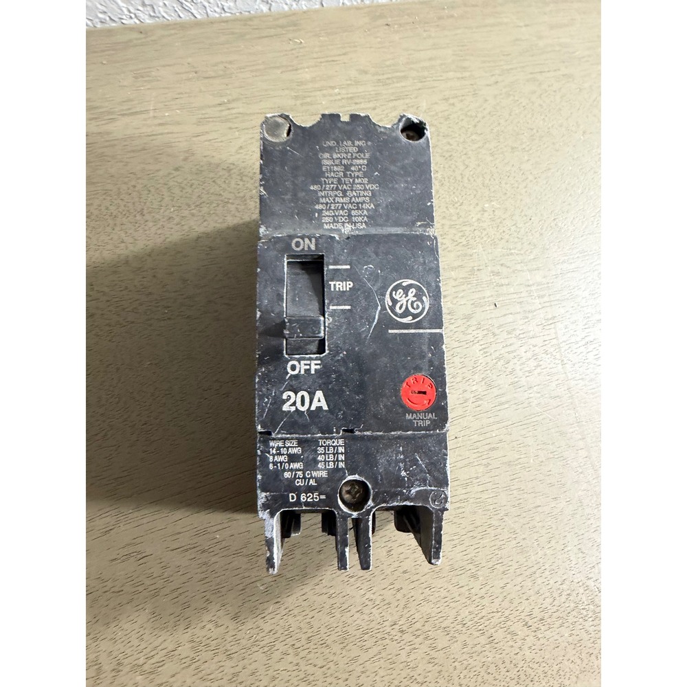 GE TEY M02 20 Amp 2 Pole Circuit Breaker 480/277V 14kA HACR Type TEY2020